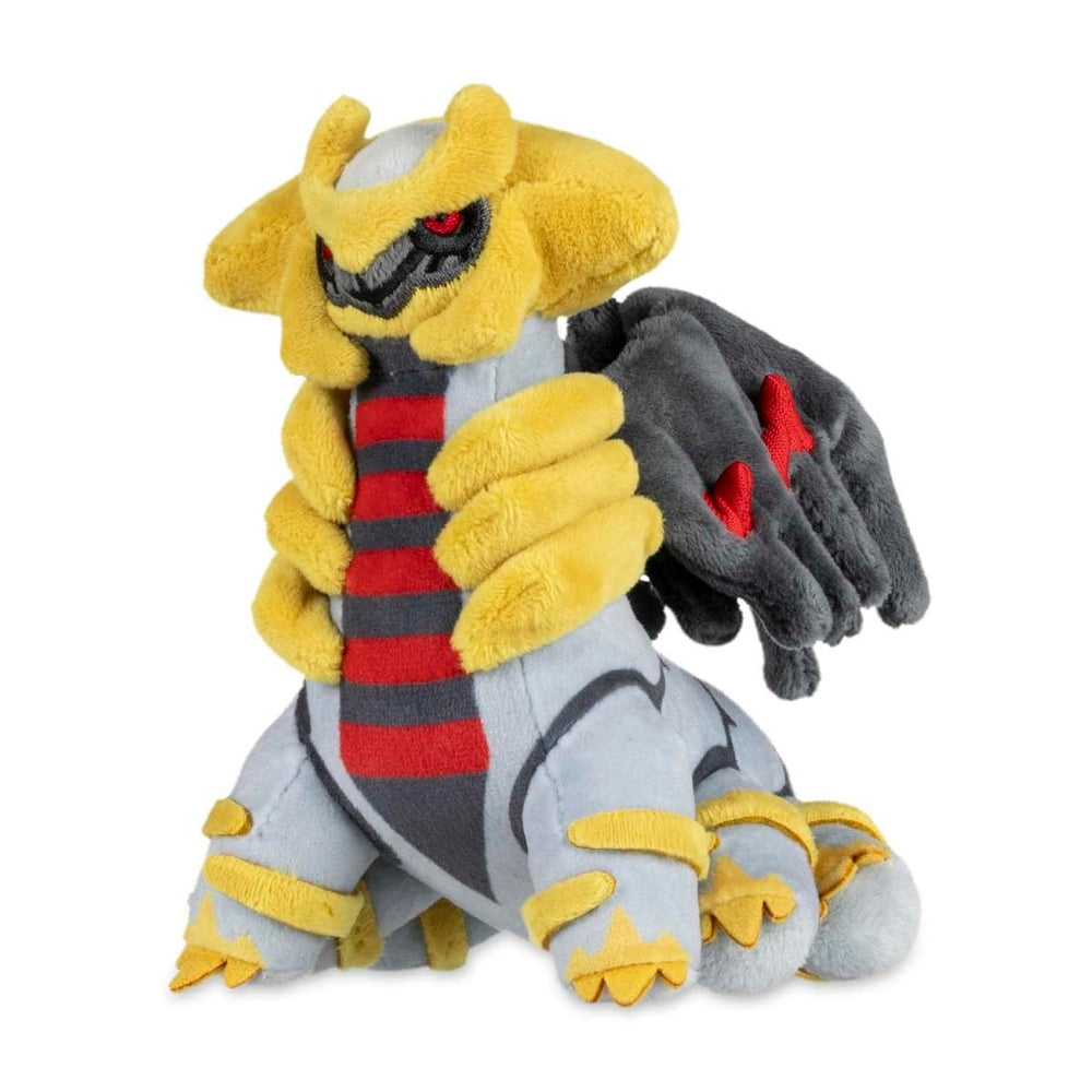 Pokémon Center Giratina Altered Forme Plush front view with weighted base for upright desk display.