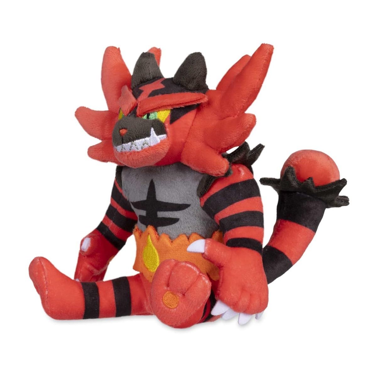Pokémon Center Incineroar Sitting Cuties plush sits up on a desk for playful display.