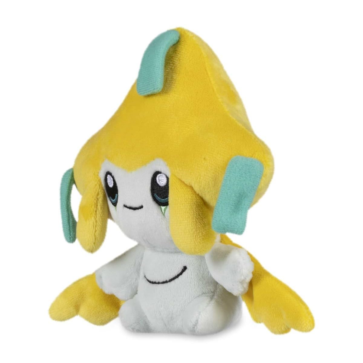 Pokémon Center Jirachi Sitting Cuties plush face close-up, microbead-weighted for a stable sit.