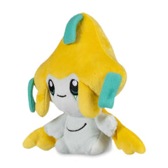 Pokémon Center Jirachi Sitting Cuties plush face close-up, microbead-weighted for a stable sit.