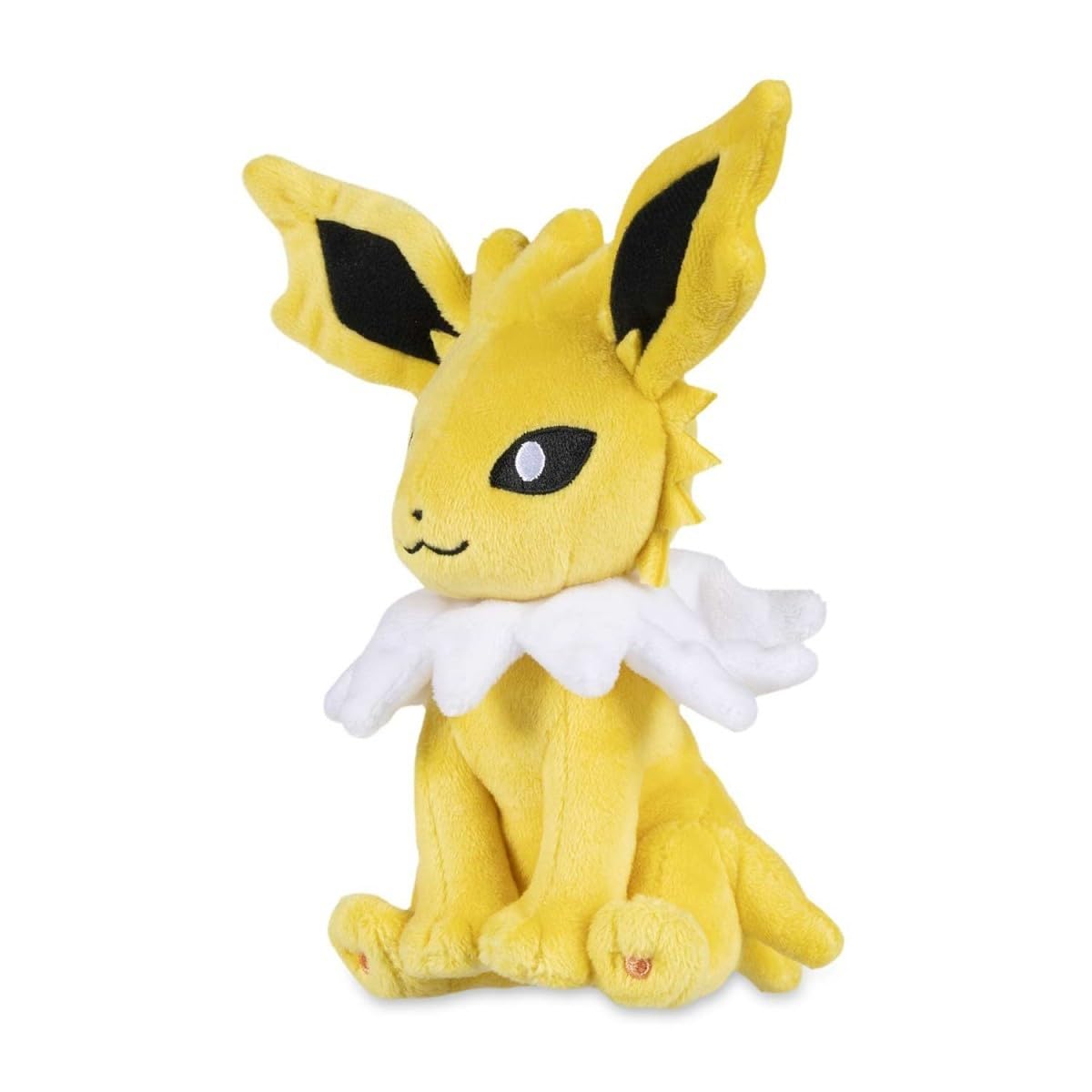 Pokémon Center Jolteon Sitting Cuties Plush sits upright on a desk, a playful desk companion.