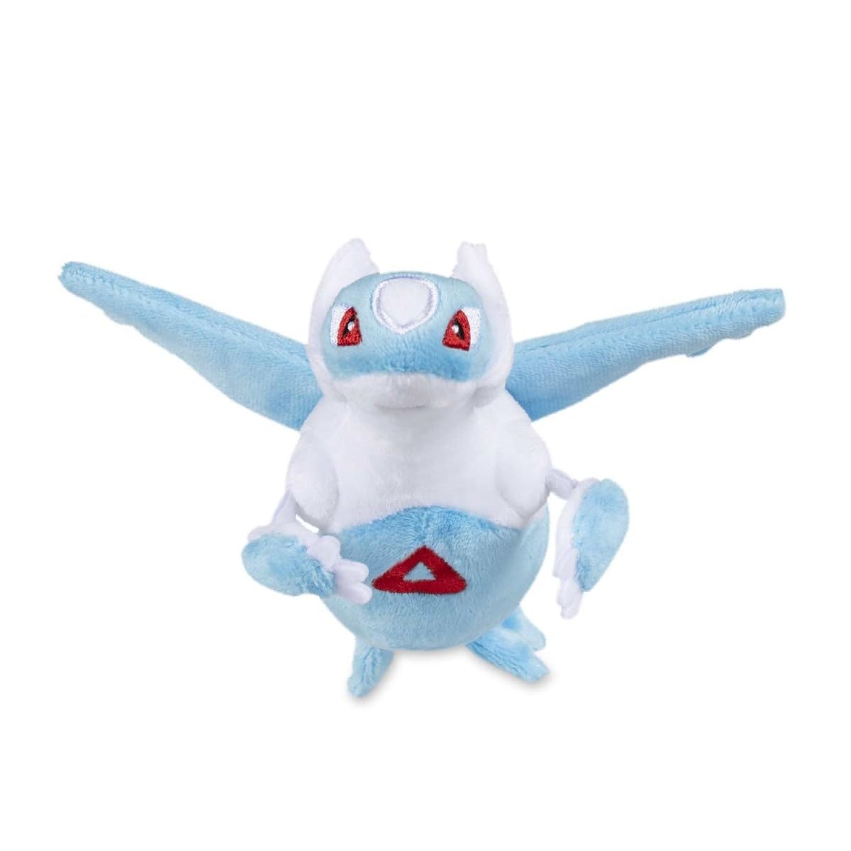 Latios Sitting Cuties plush side view, lightweight desk buddy for shelf display.
