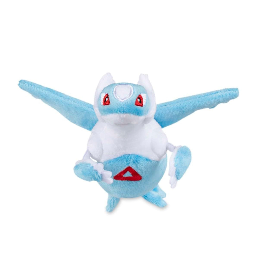 Latios Sitting Cuties plush side view, lightweight desk buddy for shelf display.