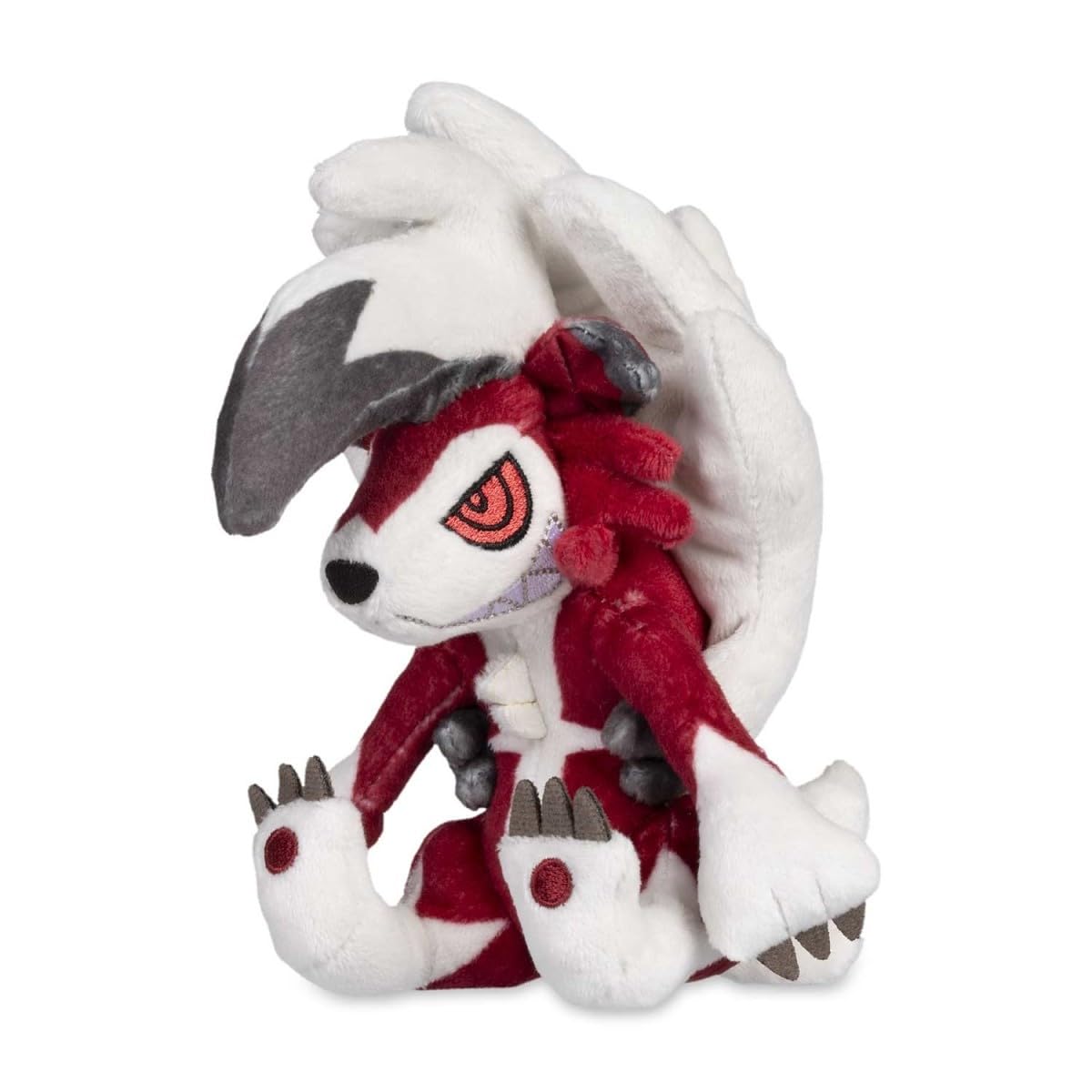 Pokémon Center Lycanroc Midnight Form plush sits upright on a desk for display