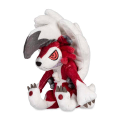 Pokémon Center Lycanroc Midnight Form plush sits upright on a desk for display