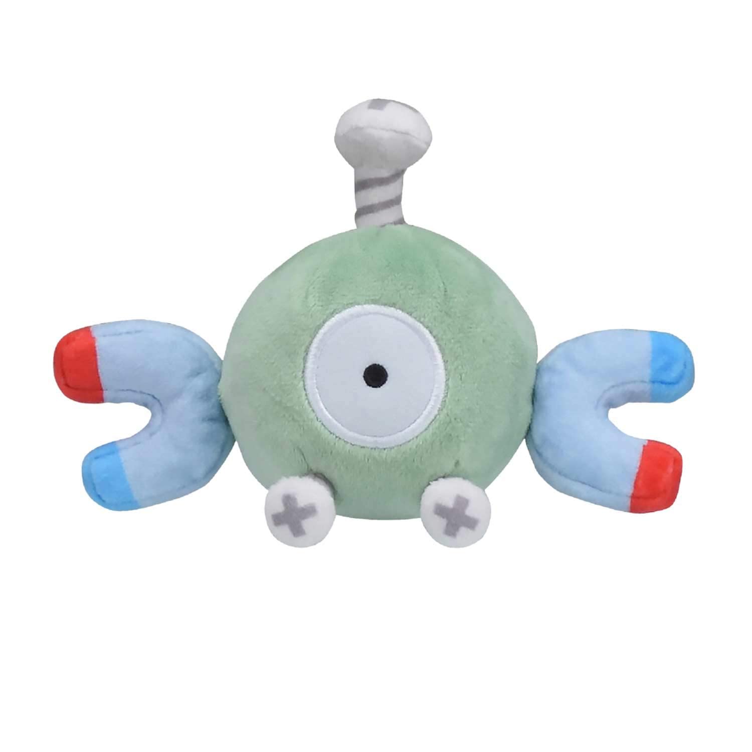 Close-up of Magnemite plush showing soft fabric and stitched detailing.