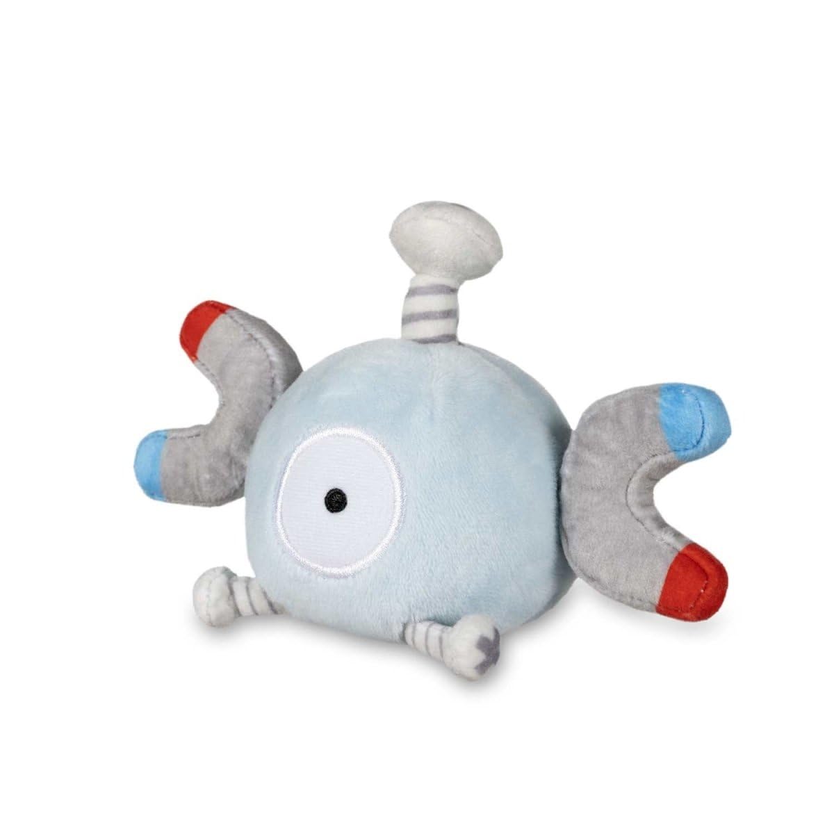 Pokémon Center Magnemite plush sits upright on a desk, ready for display and collection.