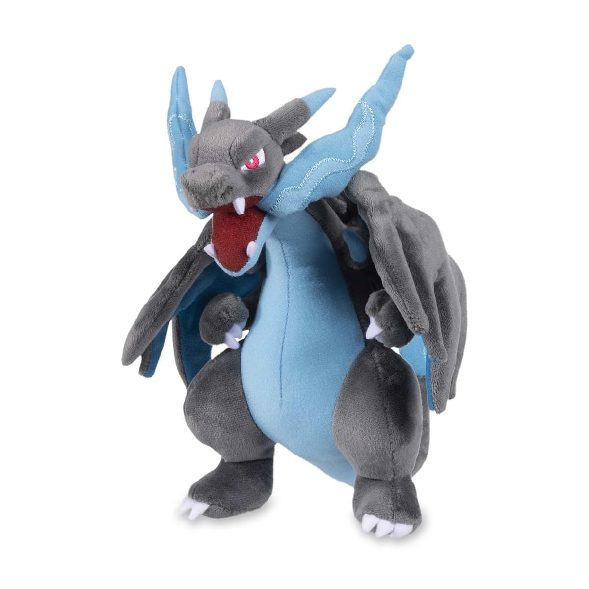 Pokémon Center Mega Charizard X plush front view, soft display piece for collectors.