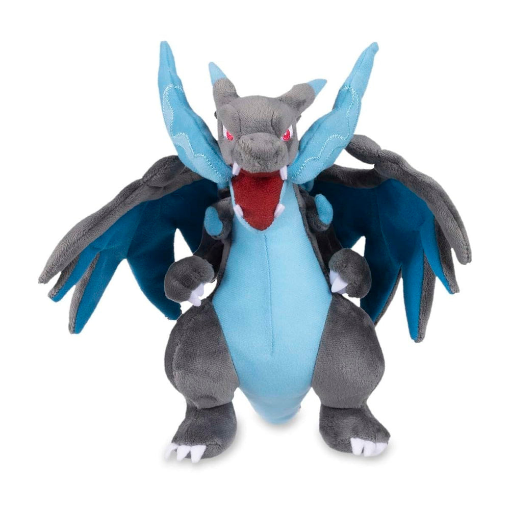 Pokémon Center Mega Charizard X plush side view, cuddly companion for play and display.
