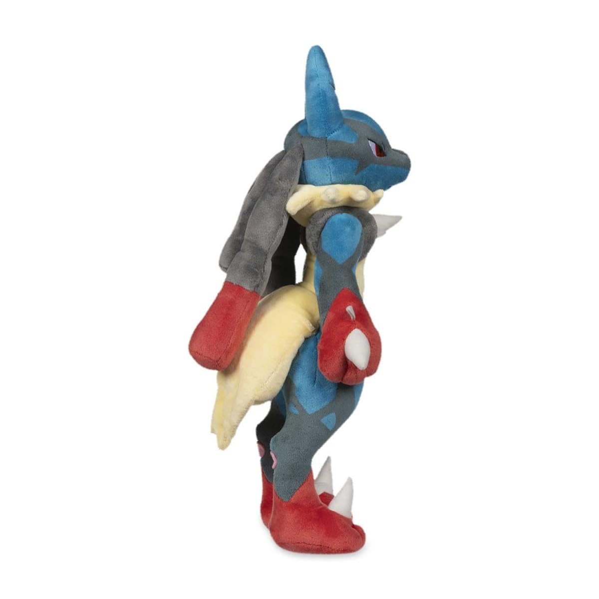 Mega Lucario Plush in standing pose highlighting its size for shelf displays.