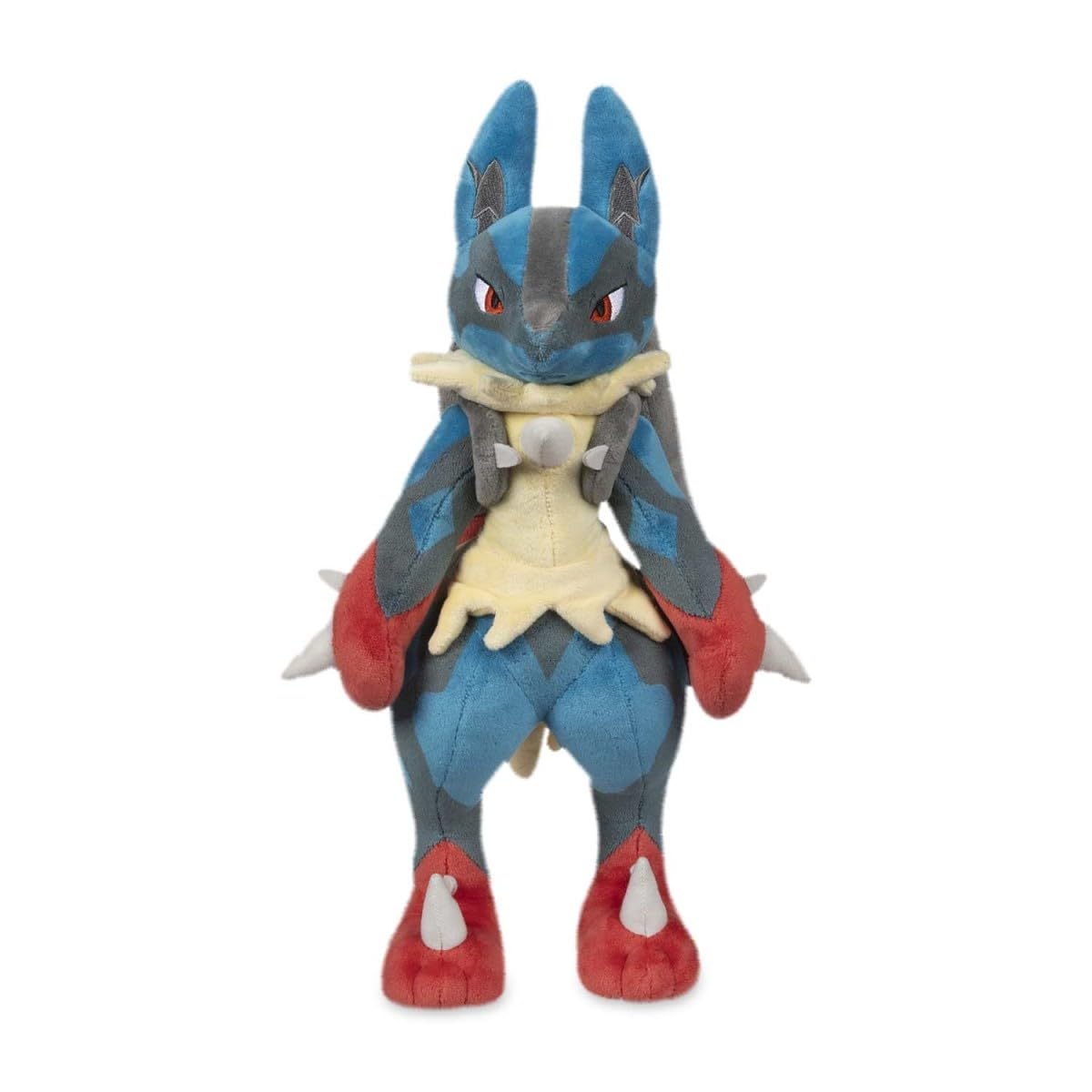 Close-up of embroidered Lucario features on the Mega Lucario Plush.