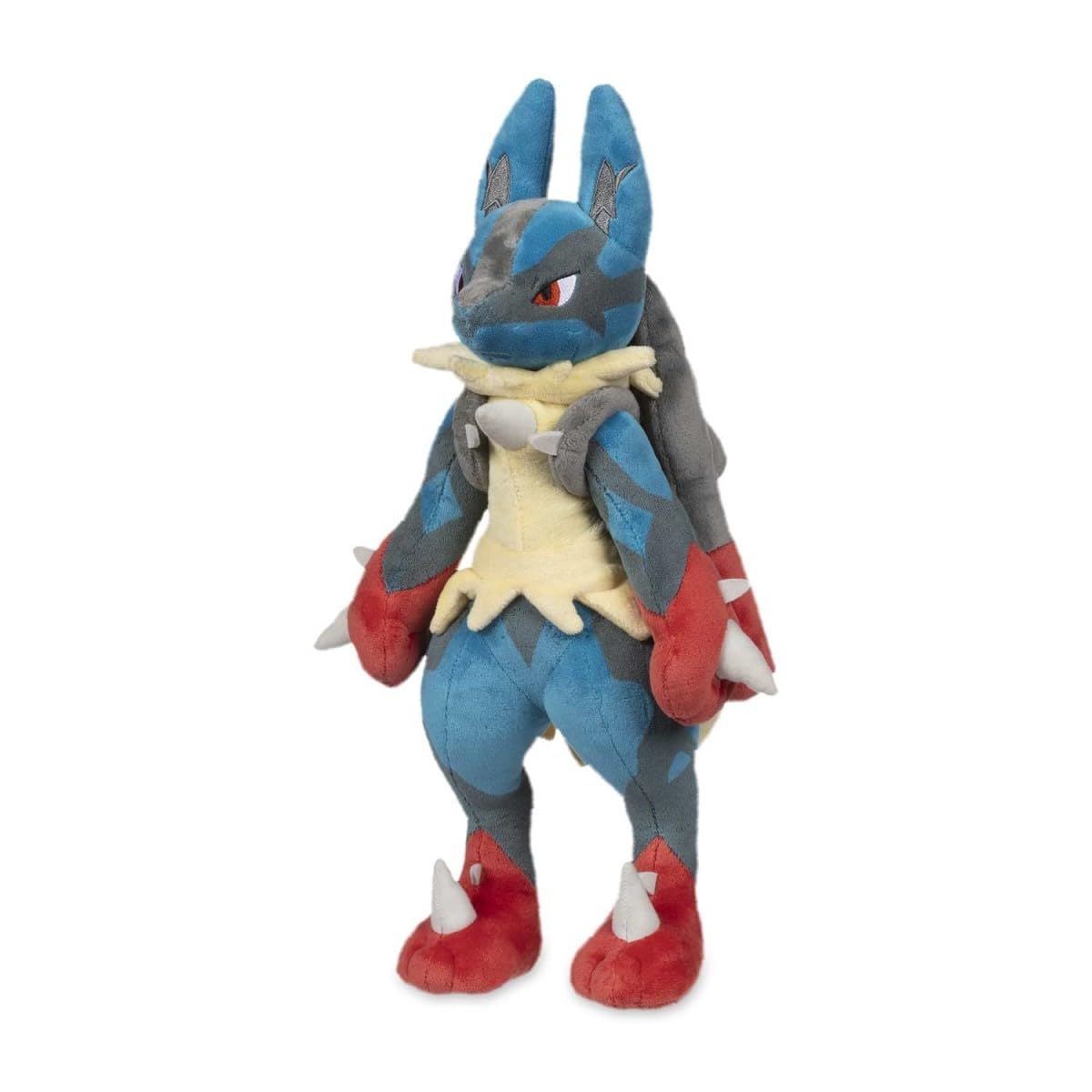 Pokemon Center Mega Lucario Plush with soft fabric and embroidery for display.