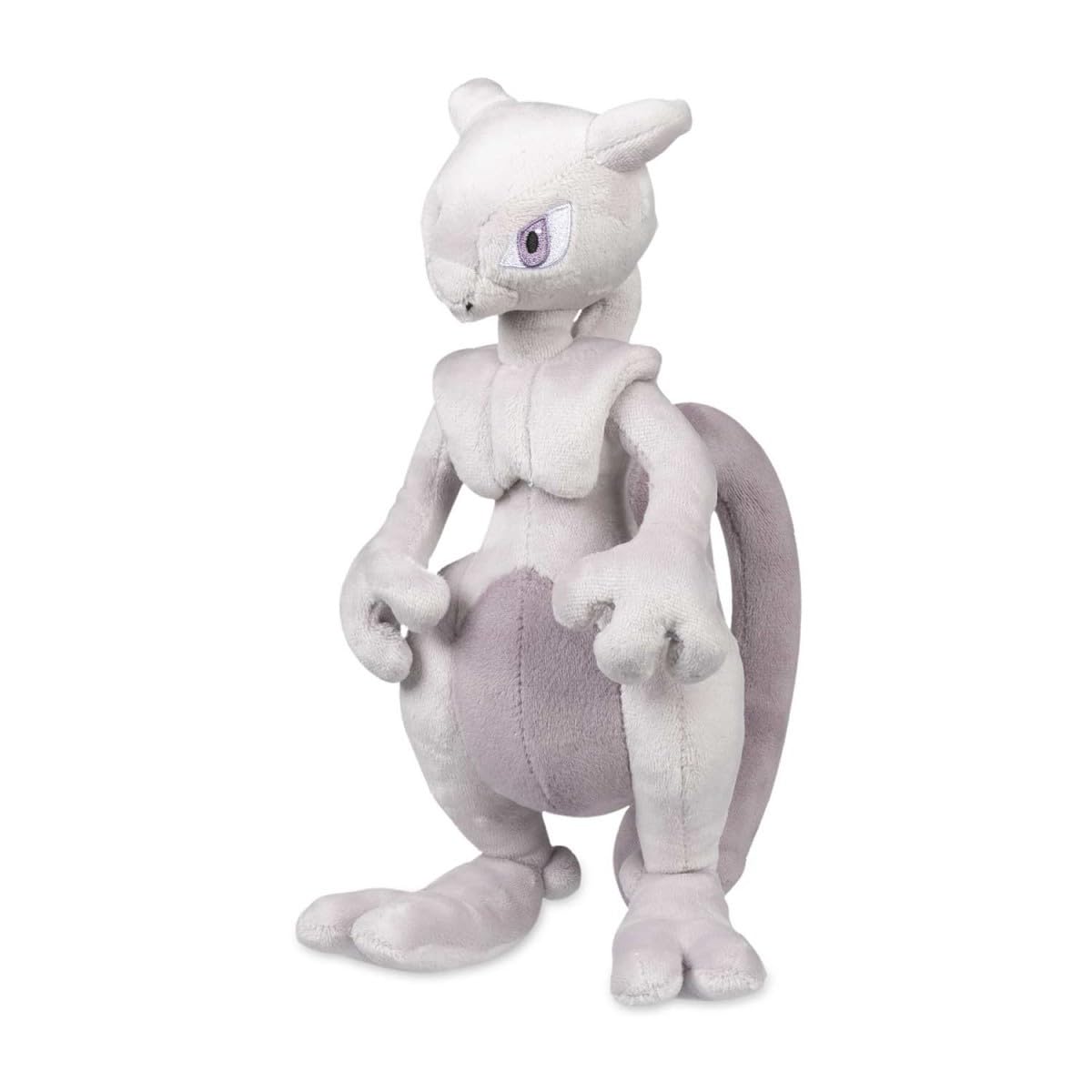 Pokémon Center Mewtwo plush close-up highlighting soft fur and detailed embroidery for display