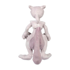 Pokémon Center Mewtwo plush on desk demonstrating compact size for desk setup