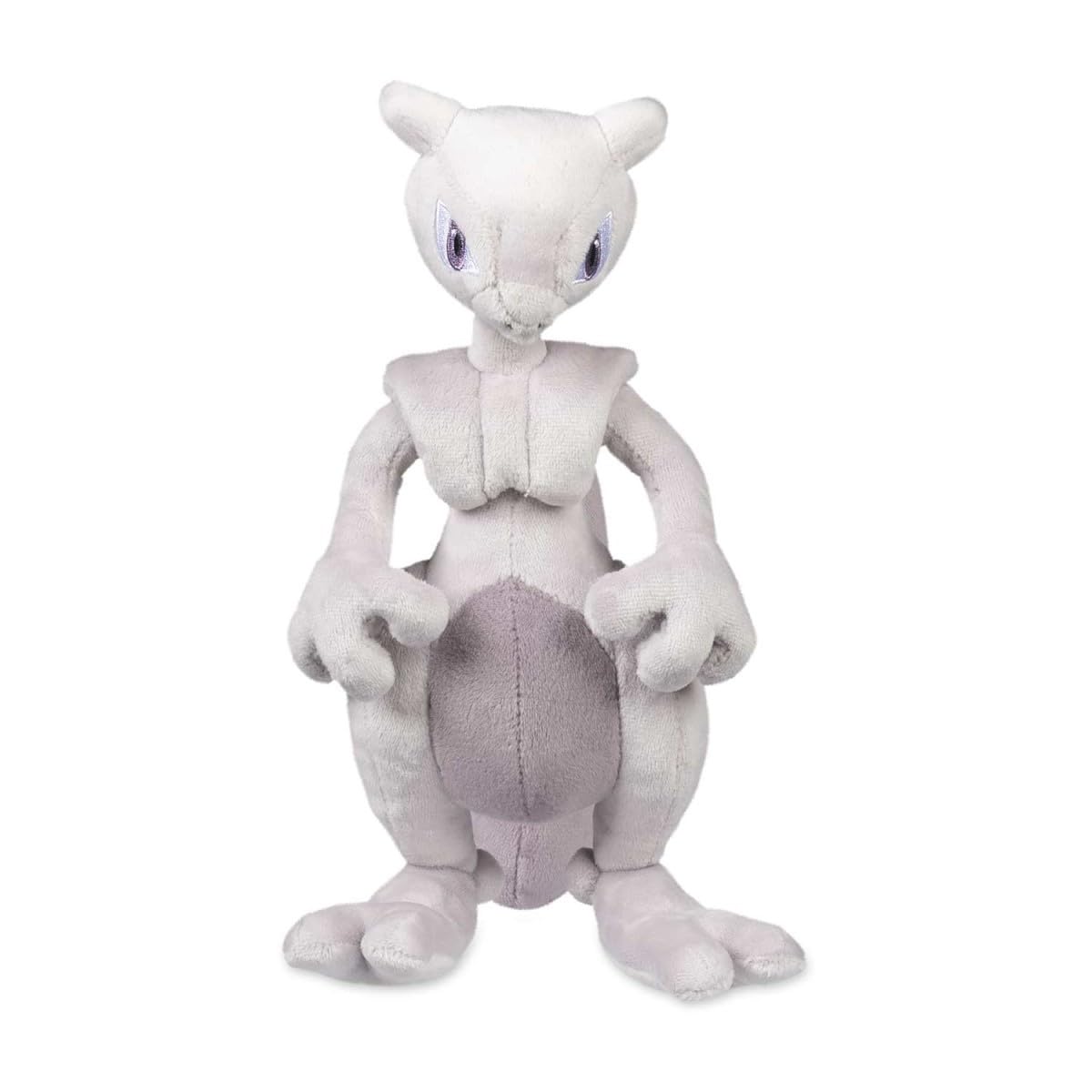 Pokémon Center Mewtwo plush side view showing confident pose for shelf or desk