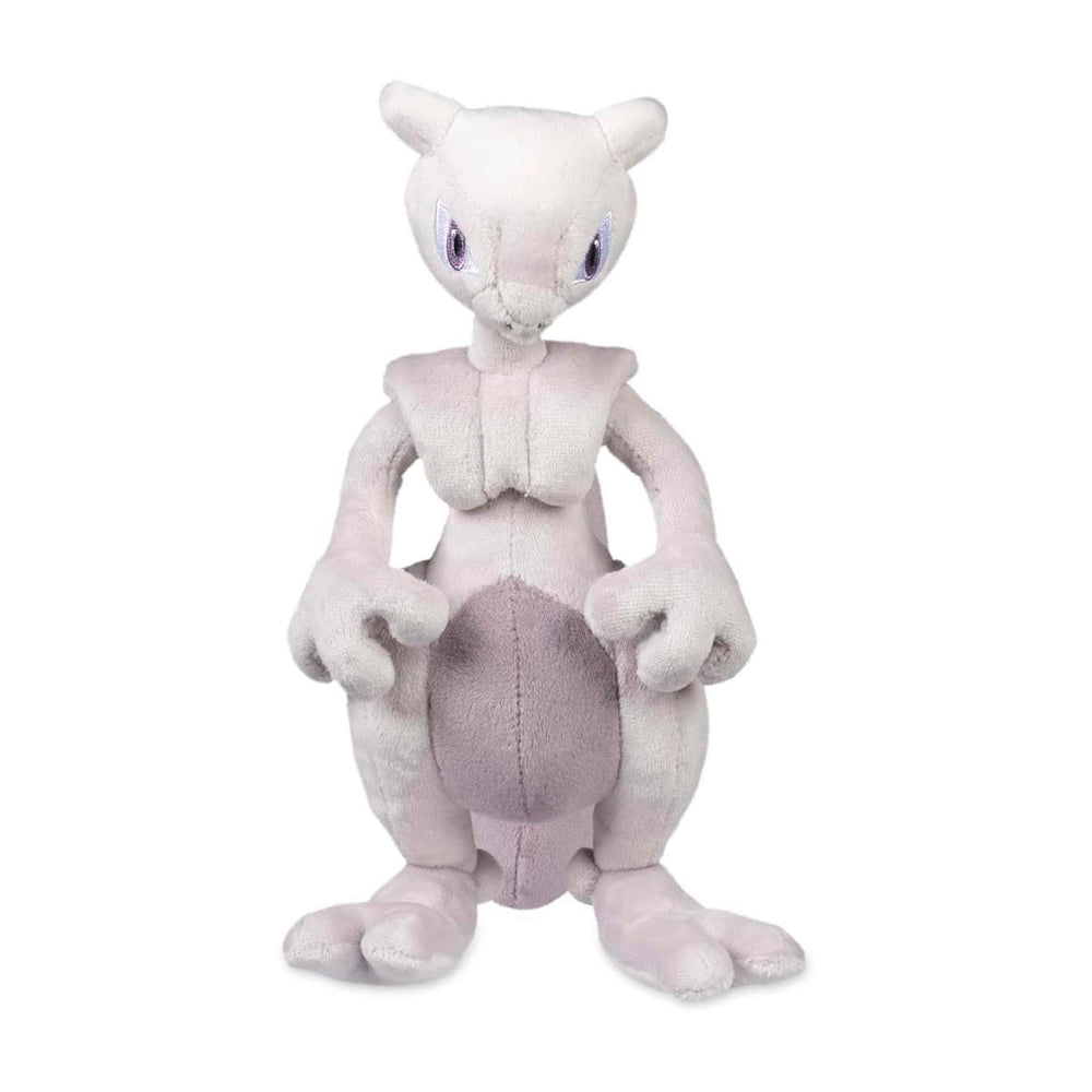 Pokémon Center Mewtwo plush side view showing confident pose for shelf or desk