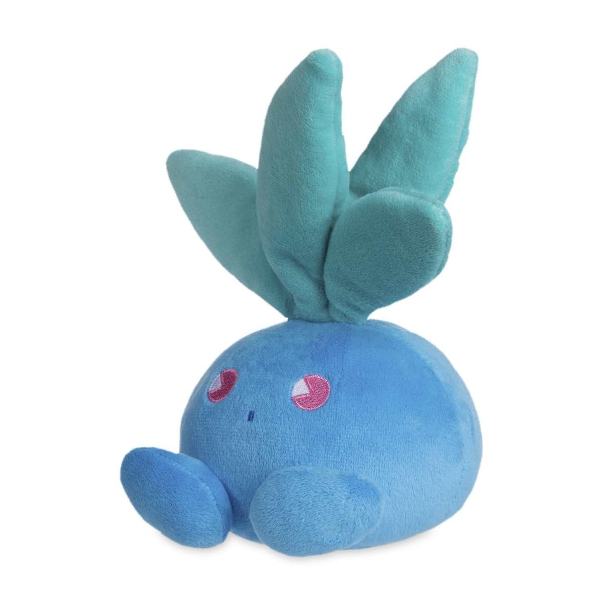 Pokemon Center Oddish Soda Pop Plush front view with nostalgic embroidery and soft textures.