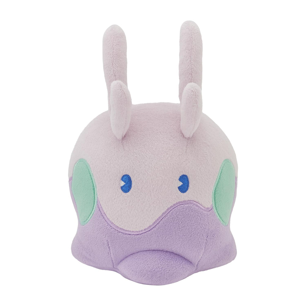 Pokemon Center Goomy plush front view highlights soft fabric for cozy display.