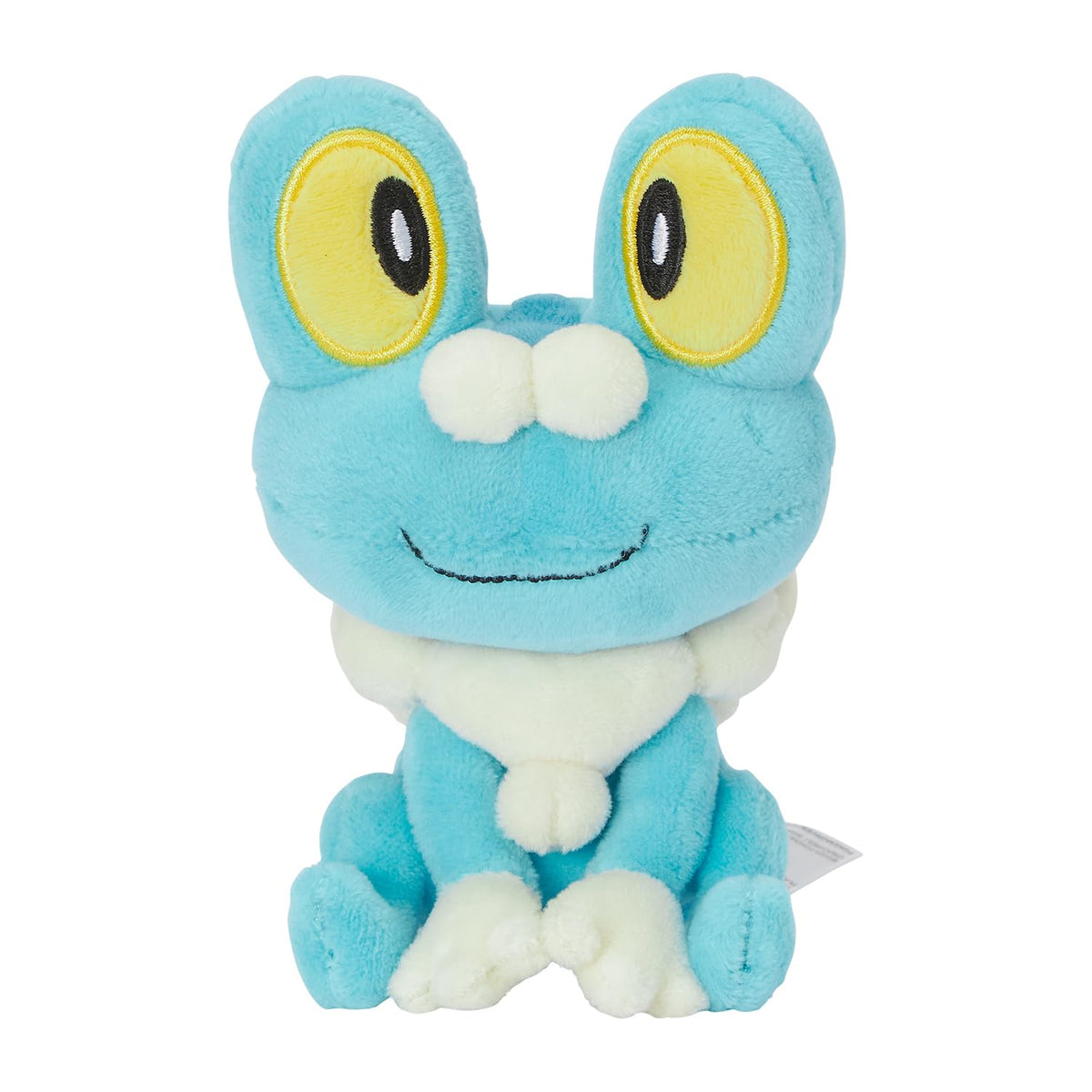 Pokémon Center Keromatsu Froakie plush front view showing weighted base for upright display.