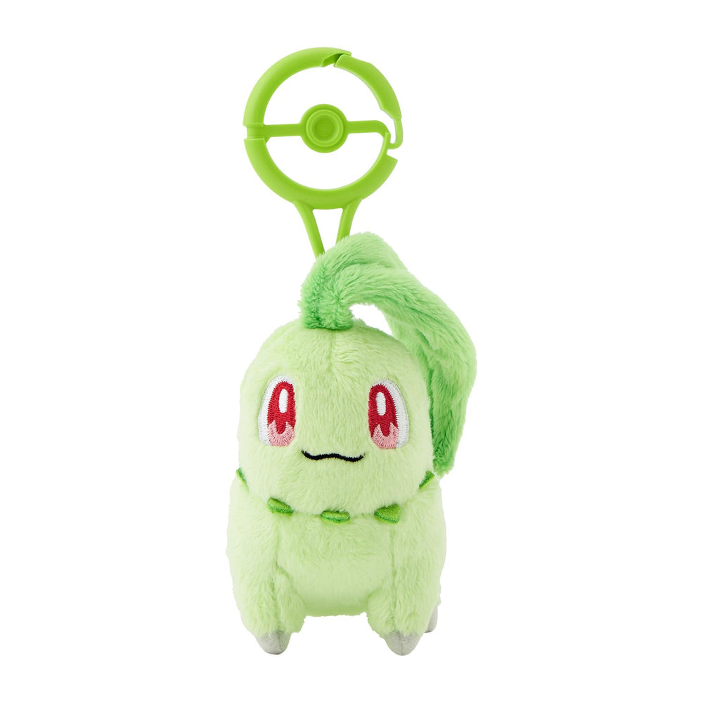 Pokémon Center Chikorita plush front view, soft cuddle buddy for on-the-go adventures.