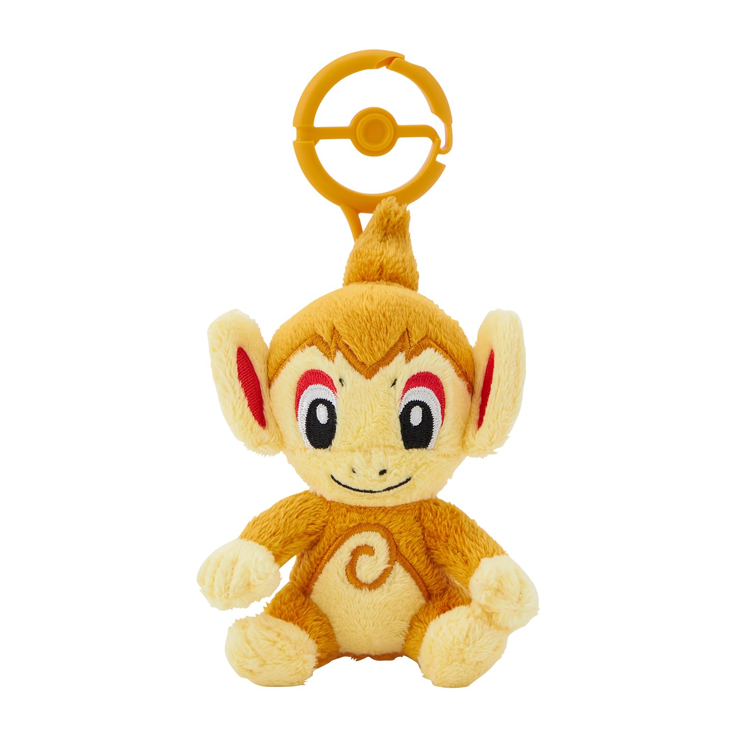 Pokemon Center Chimchar plush with carabiner clip, soft and portable for backpacks.