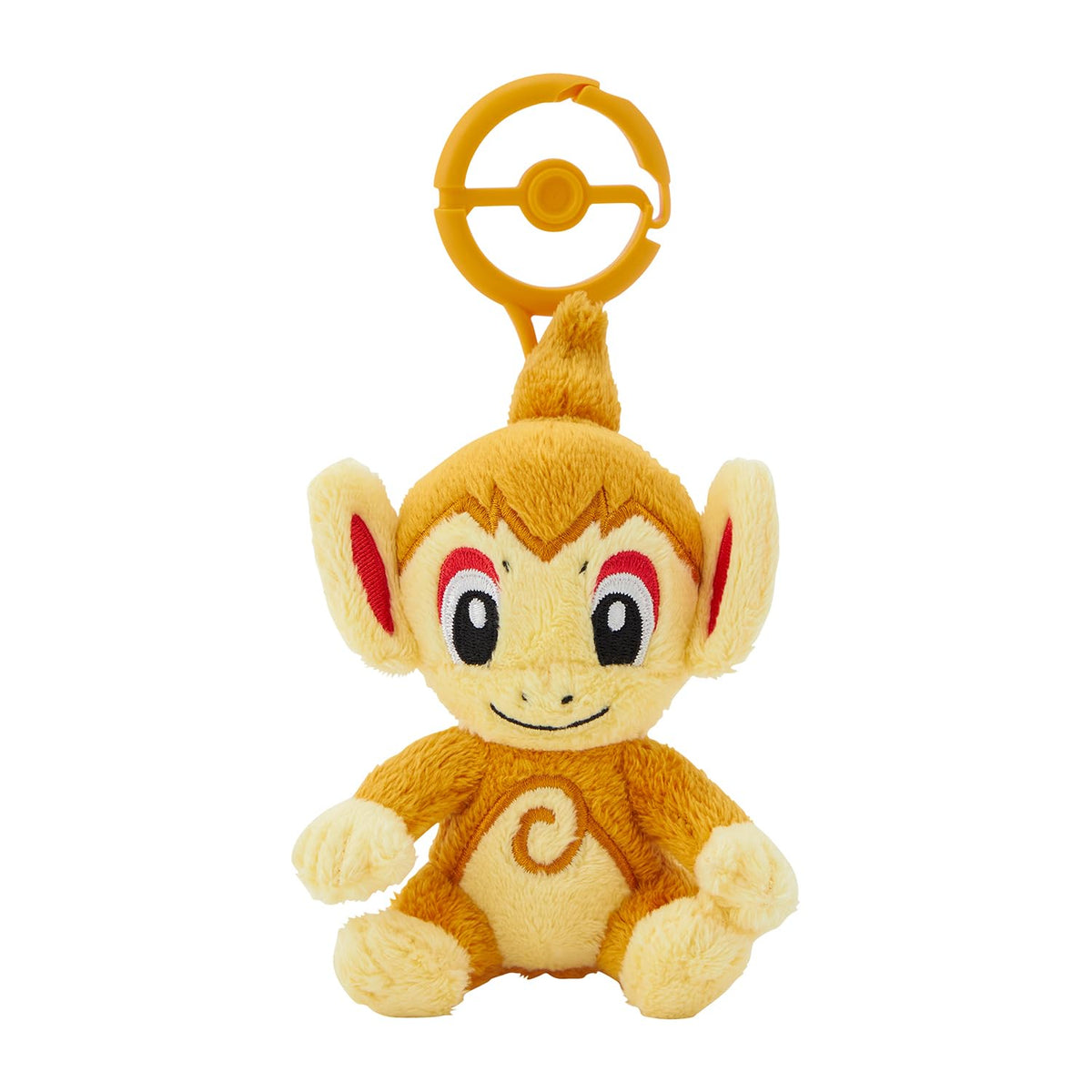 Pokemon Center Chimchar plush with carabiner clip, soft and portable for backpacks.