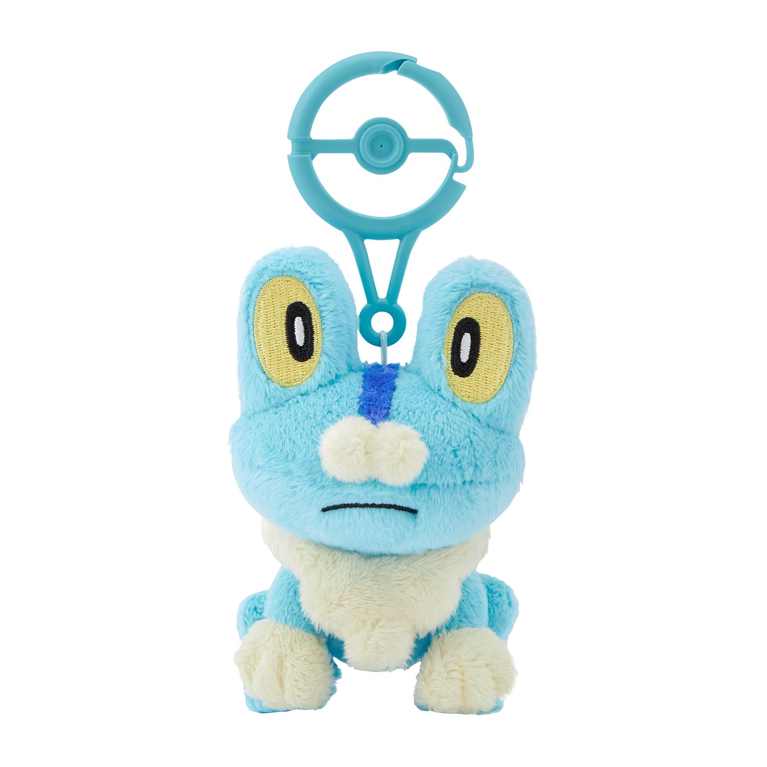 Pokémon Center Froakie plush with carabiner, front view, ready to tag along.