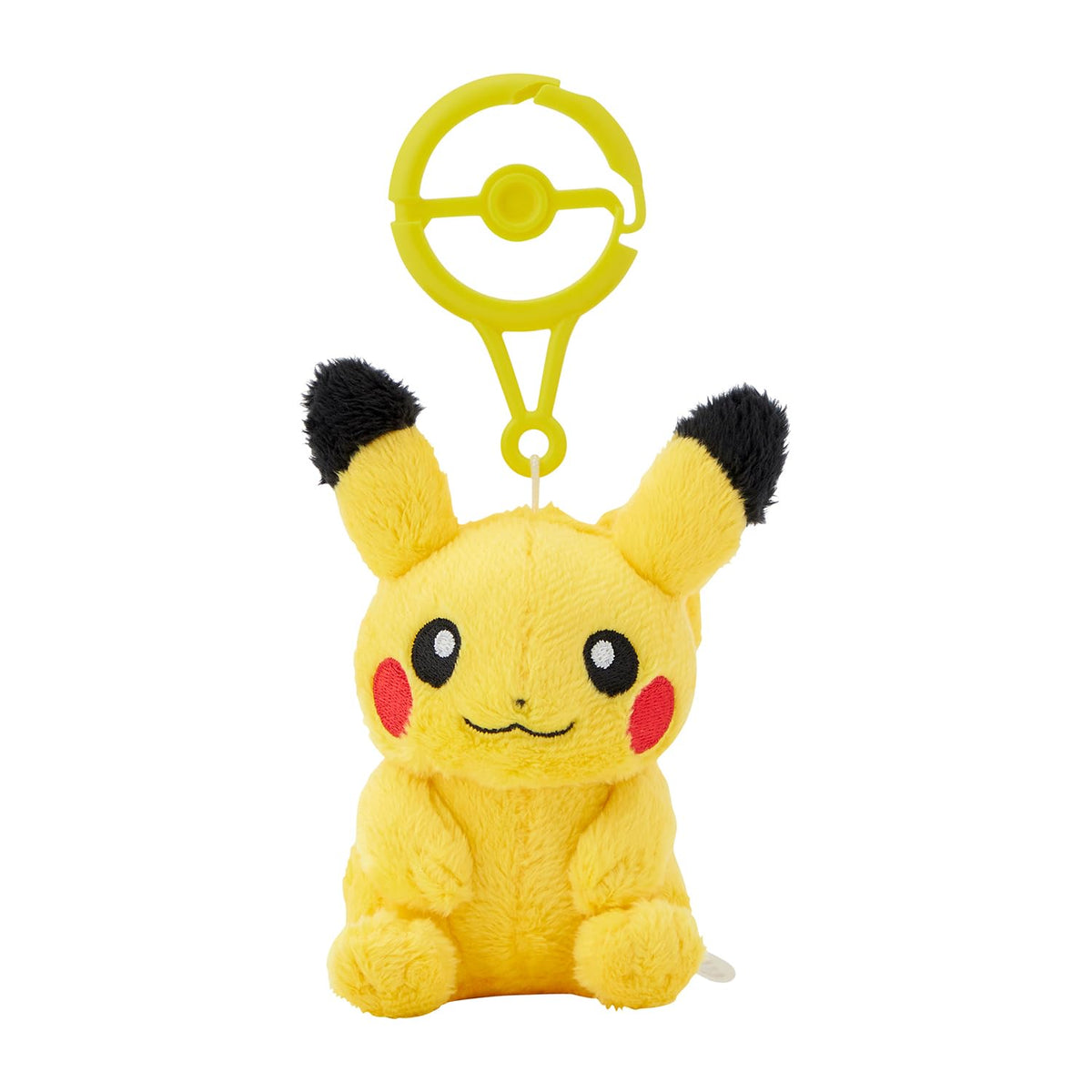 Pokémon Center Pikachu plush with carabiner for easy backpack attachment.