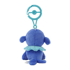 Pokémon Center Popplio plush with carabiner clipped to a backpack for on-the-go charm