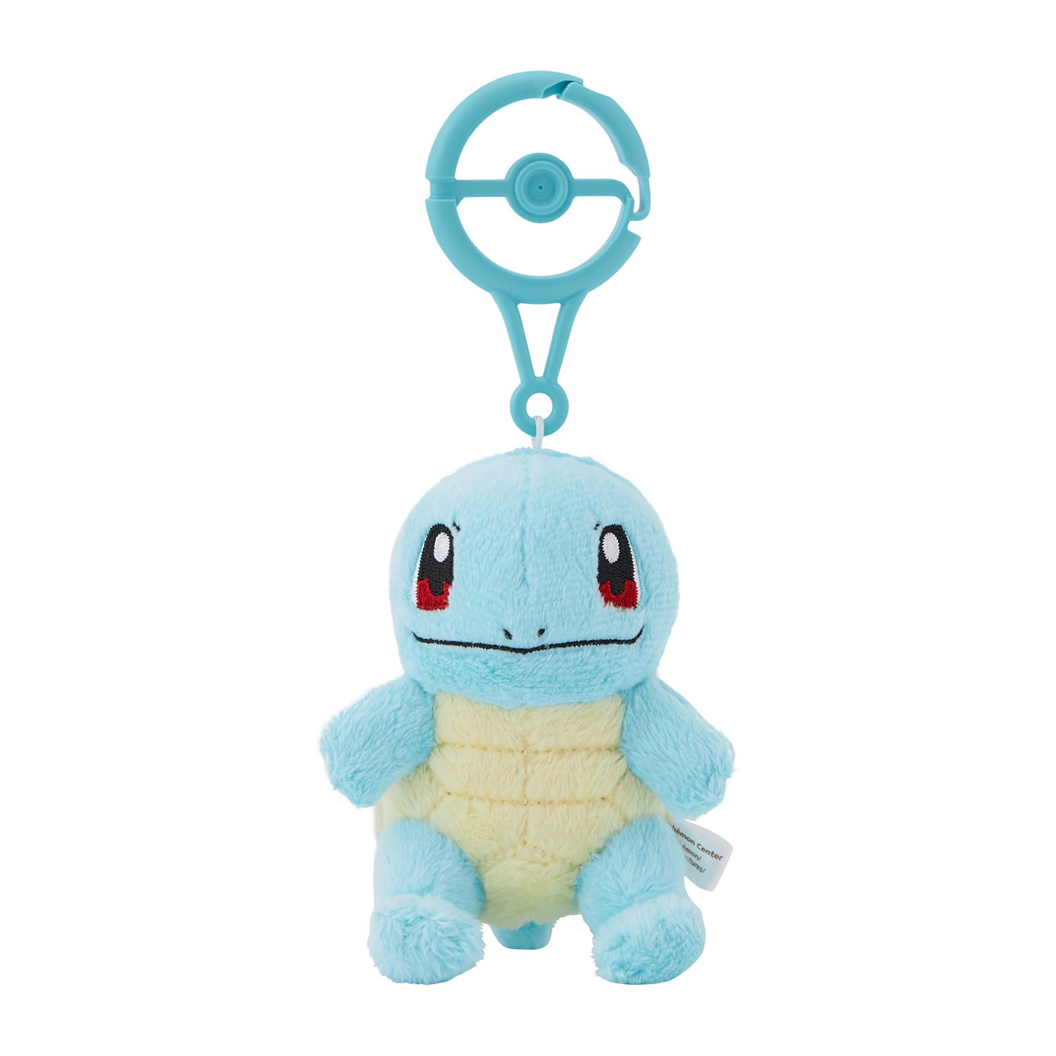 Pokémon Center Squirtle plush with carabiner clip, ideal for backpack attachment.