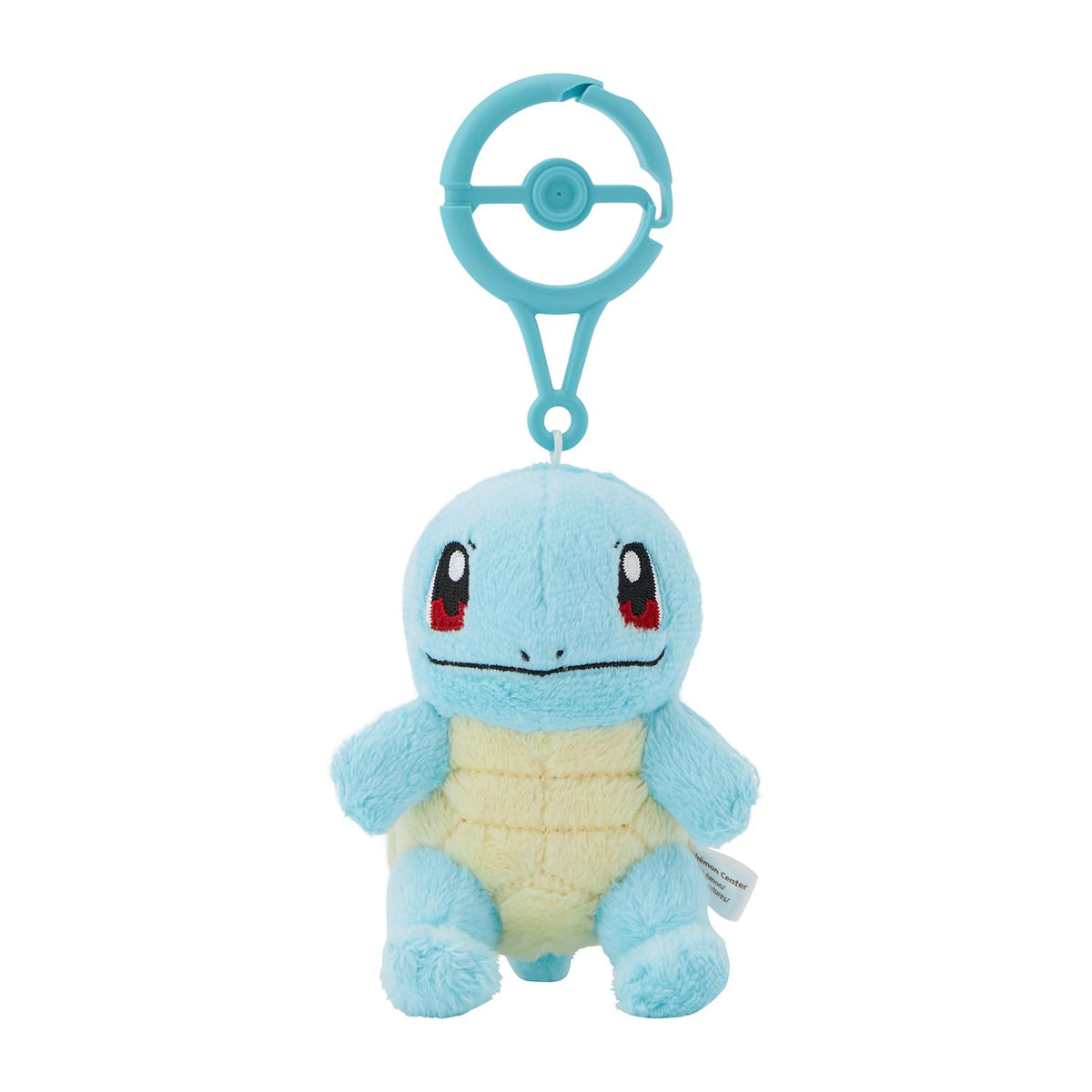 Pokémon Center Squirtle plush with carabiner clip, ideal for backpack attachment.