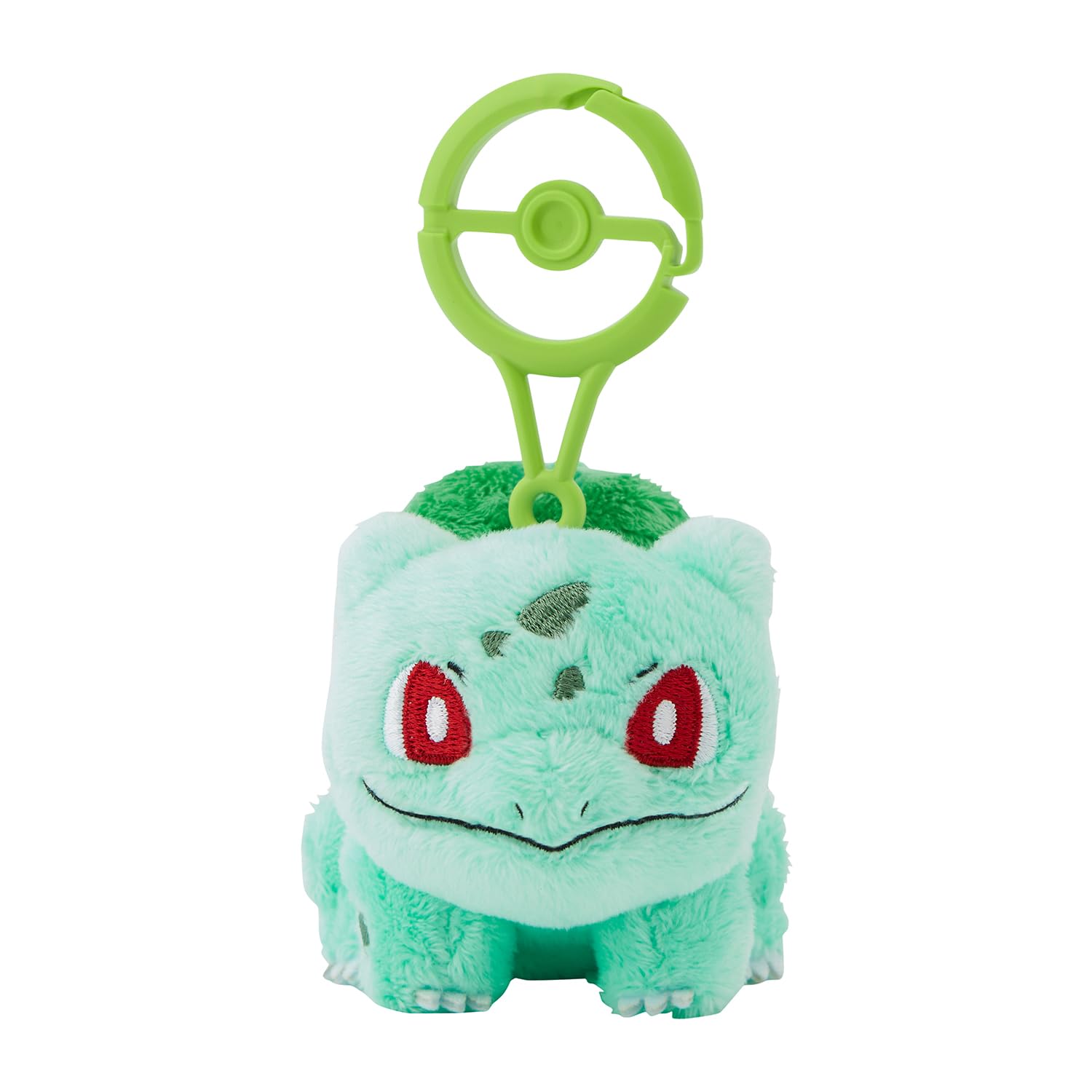 Pokémon Center Bulbasaur plush front view with carabiner for easy attachment