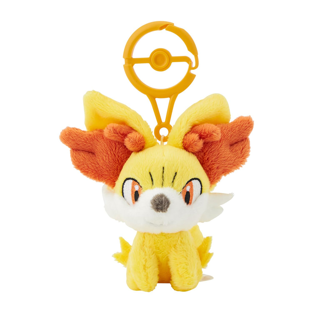 Pokemon Center Fennekin plush with carabiner clip, ideal for bags and keys.
