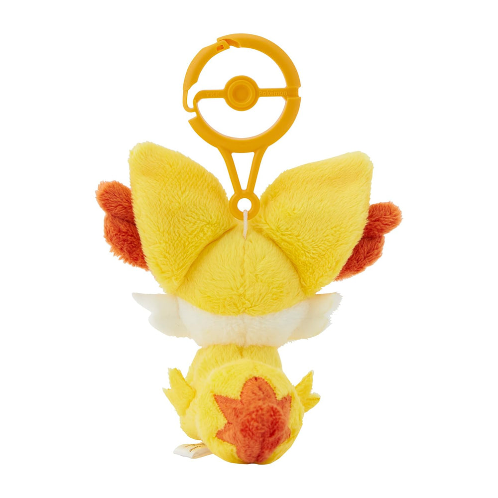 Pokemon Center Fennekin plush with carabiner, ready to add charm to backpacks or keys.
