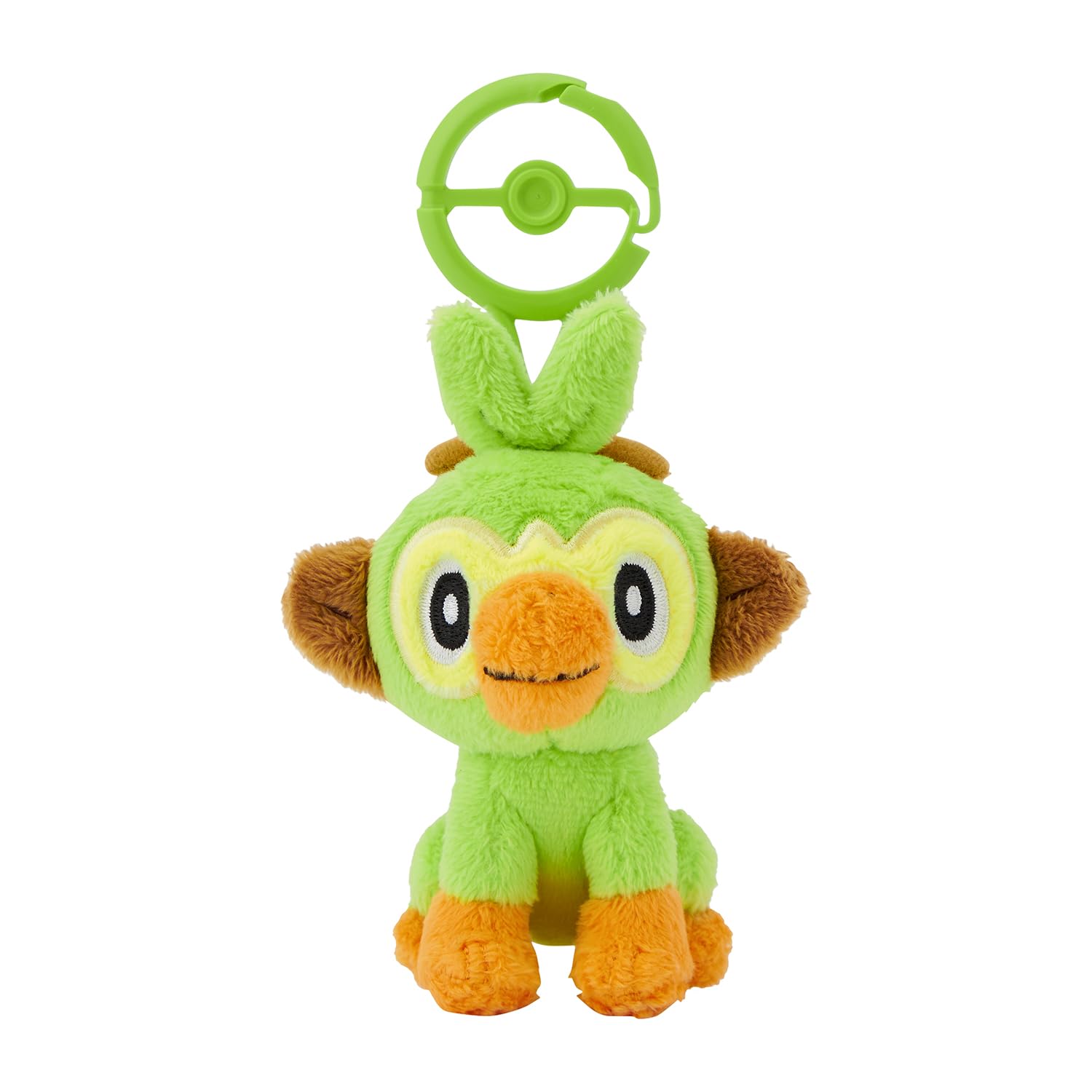Pokemon Center Grookey plush with carabiner, front view, ideal for backpack attachment