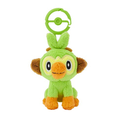 Pokemon Center Grookey plush with carabiner, front view, ideal for backpack attachment