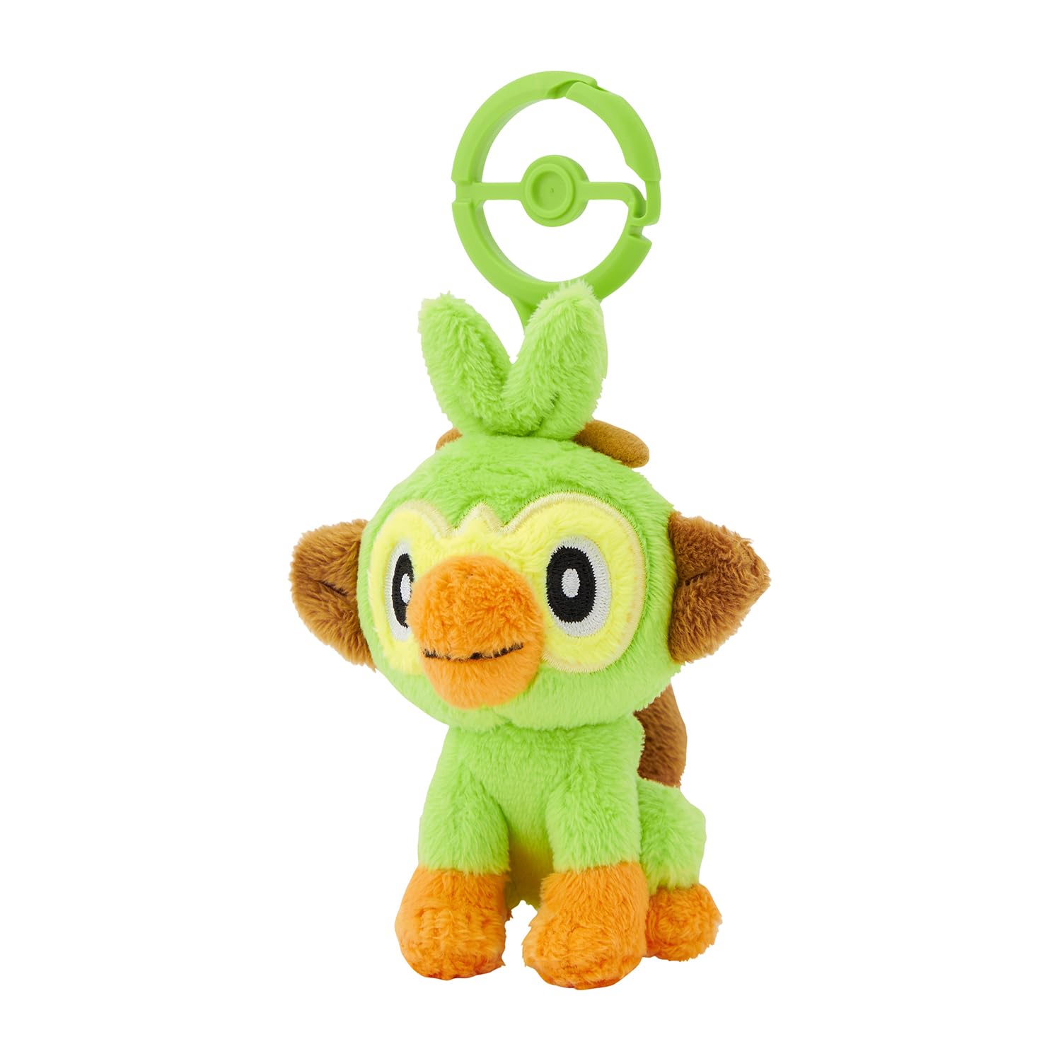 Pokemon Center Grookey plush with carabiner, side view, travel-friendly charm