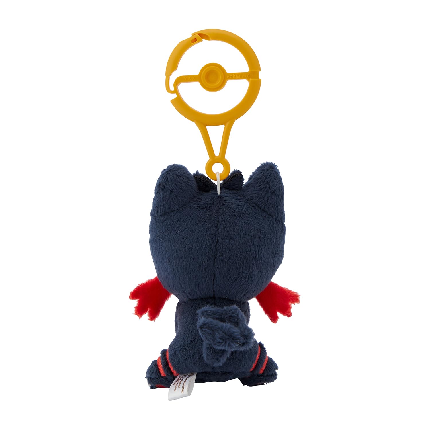 Pokémon Center Litten plush with carabiner—bag clip in use, lightweight.