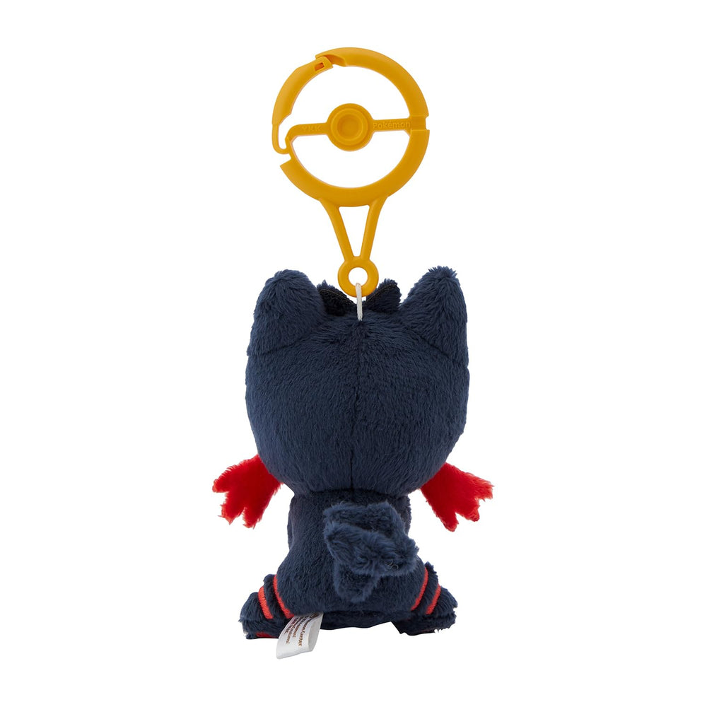 Pokémon Center Litten plush with carabiner—bag clip in use, lightweight.