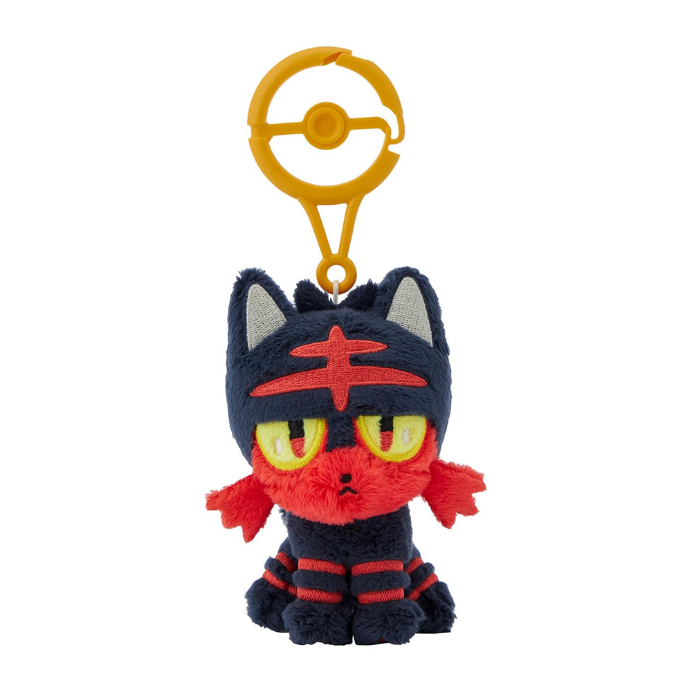 Pokémon Center Litten plush with carabiner—front view, soft travel companion for bags.