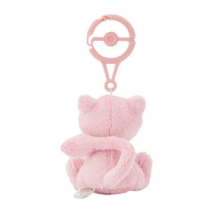Pokemon Center plush with carabiner Mew, detailed close up, soft fabric for travel