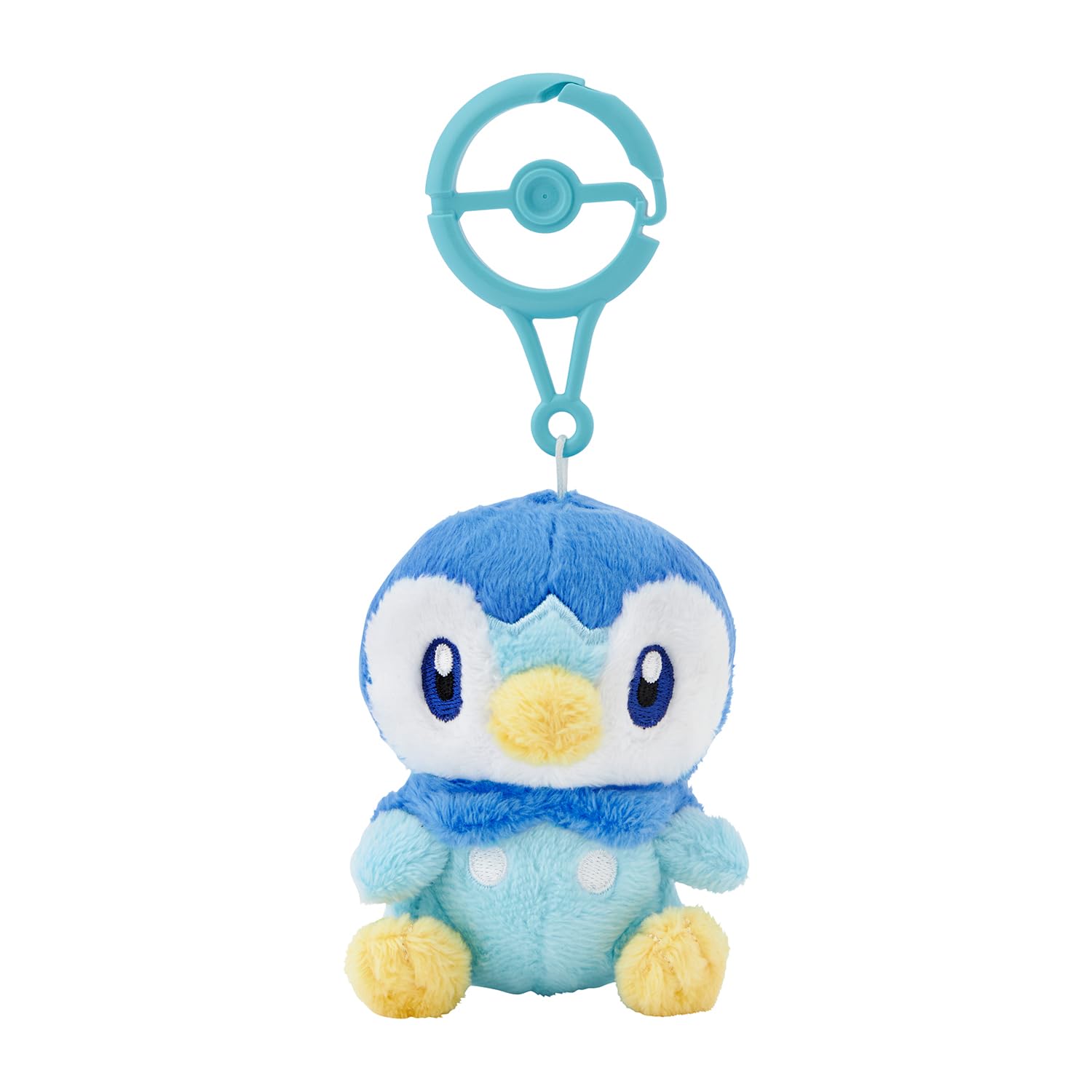 Pokémon Center Piplup plush with carabiner clipped to a backpack for on-the-go charm