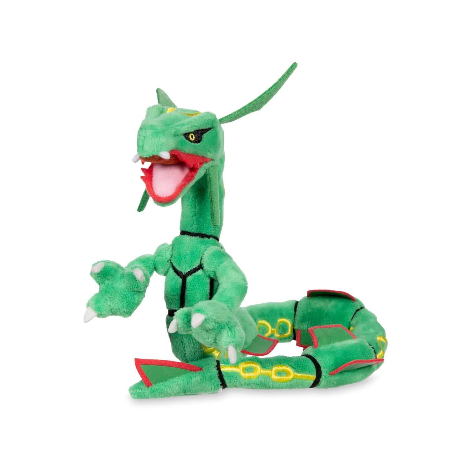 Pokemon Center Rayquaza plush, side view, soft huggable display piece.