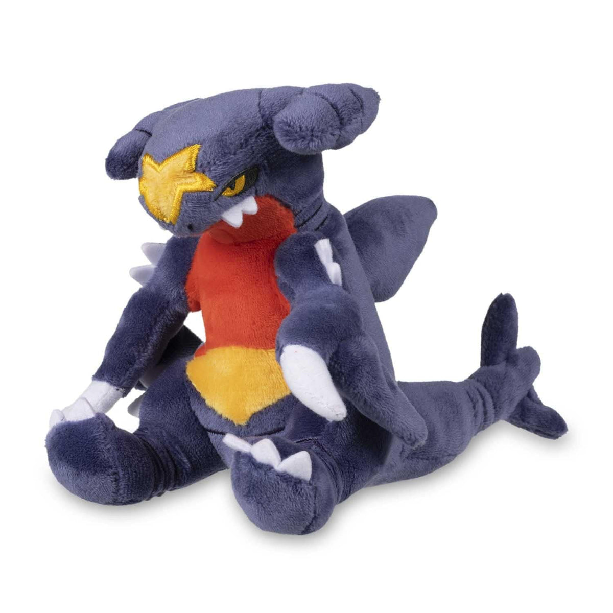 Pokemon Center Sitting Cuties Garchomp plush, soft fabric for cuddling and display.