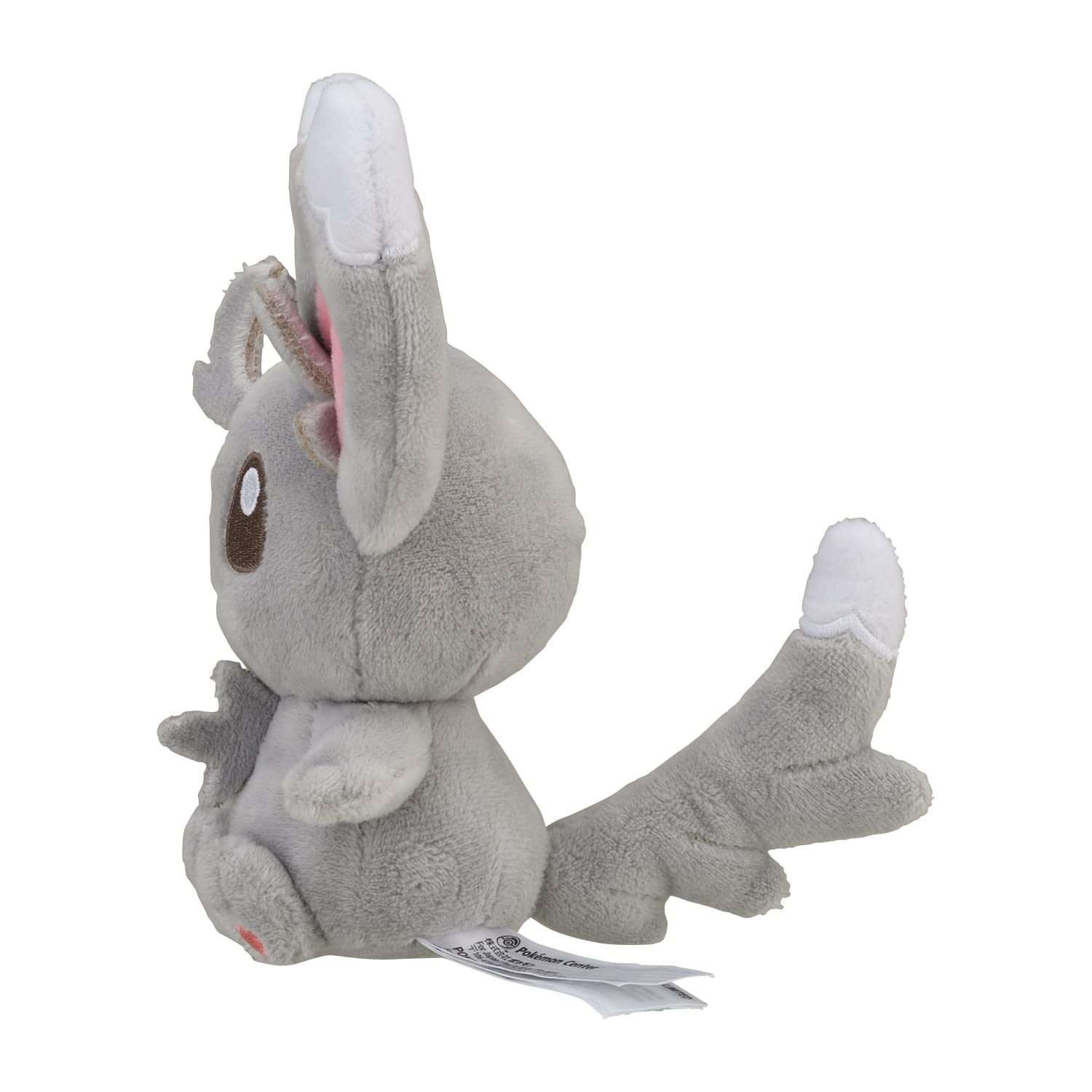 Pokemon Center Minccino plush back view; shows finish for shelf display.