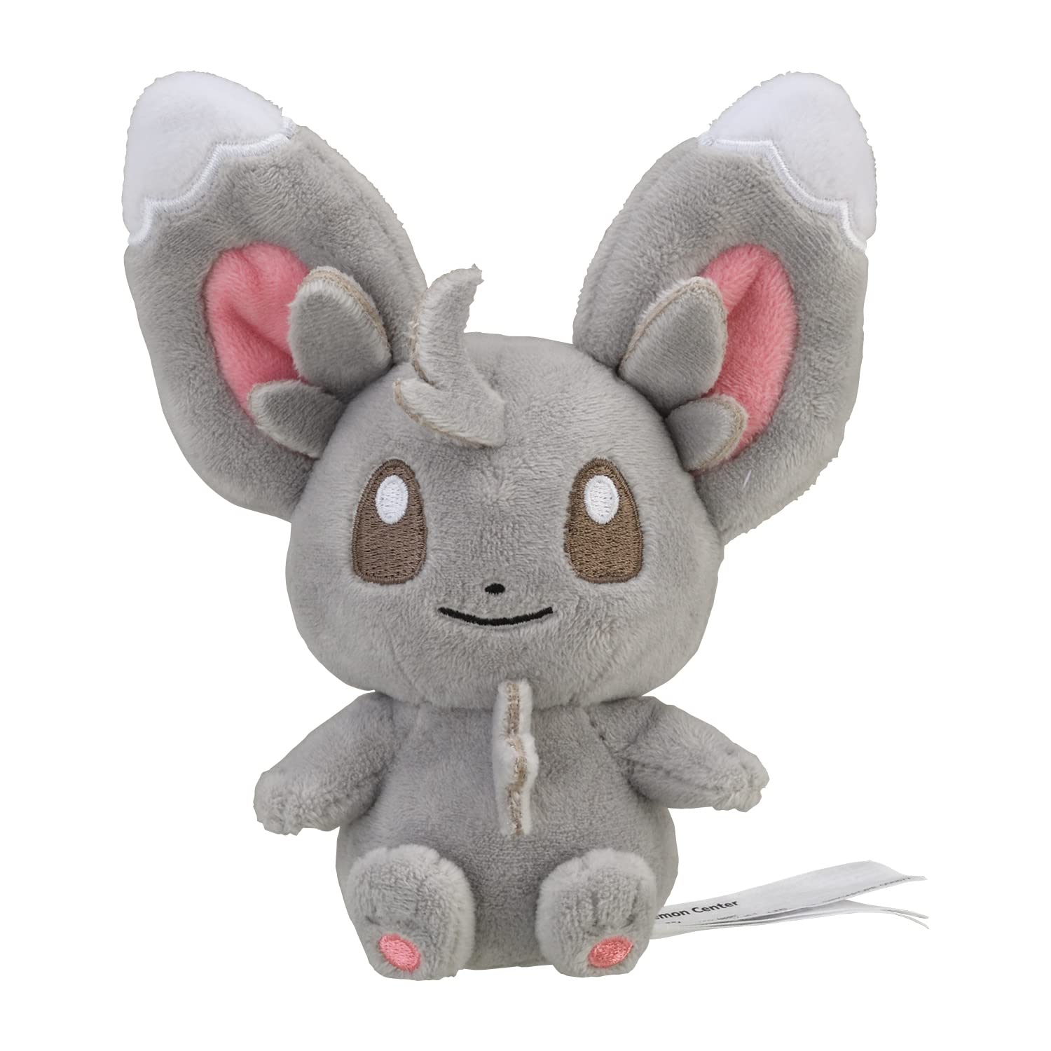 Pokemon Center Minccino plush side view; ideal desk buddy for fans.