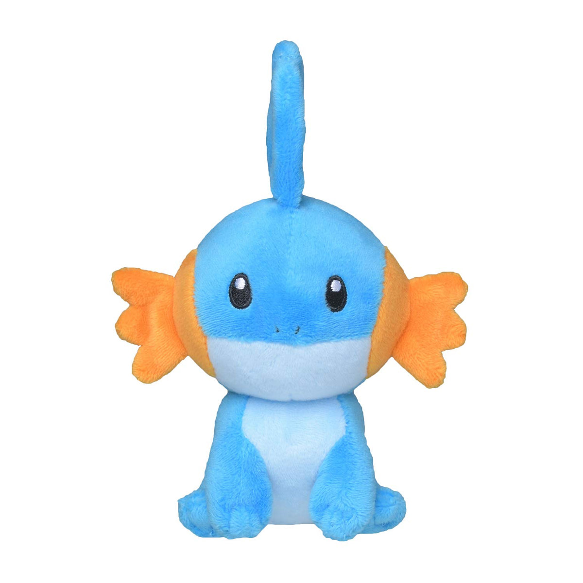 Pokémon Mudkip plush, front view, soft cuddle companion for display.