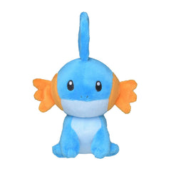 Pokémon Mudkip plush, front view, soft cuddle companion for display.