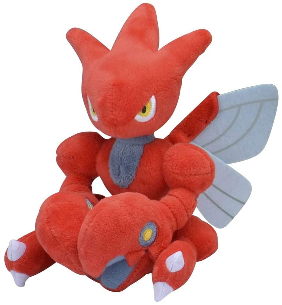 Pokémon Center Scizor Plush from Sitting Cuties, sits upright for desk or shelf display.