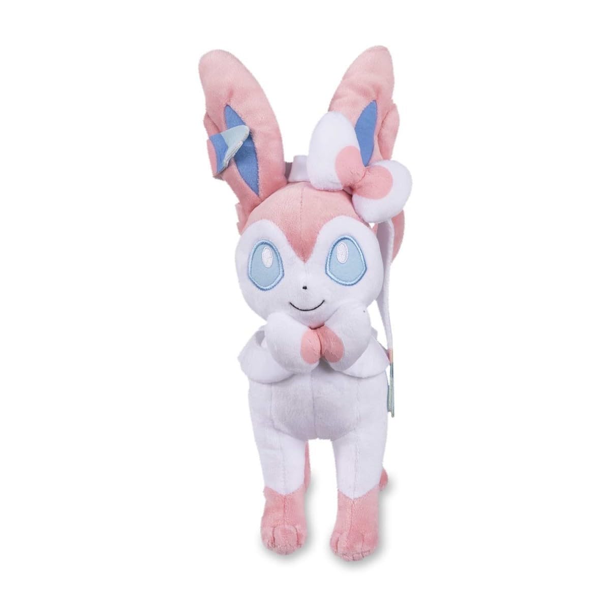 Pokemon Center Sylveon plush side view shows its 11 inch height and bright blue eyes